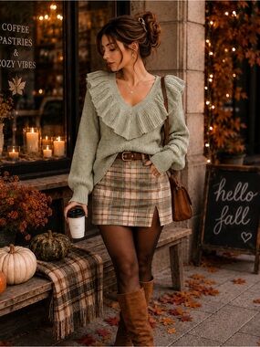 A New Day Sage Green Ruffle V Neck Knit Sweater | Cozy Fall Cottagecore | NWOT